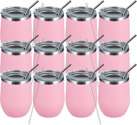 MEWAY 12oz/12 Pack Wine Tumbler Glasses with Lid -Double Wall Vacuum Stainless Steel Travel Tumbler Mug,Stemless Insulated Wine Cup for,Coffee,Cocktails,Gifts (Pink,Set of 12)