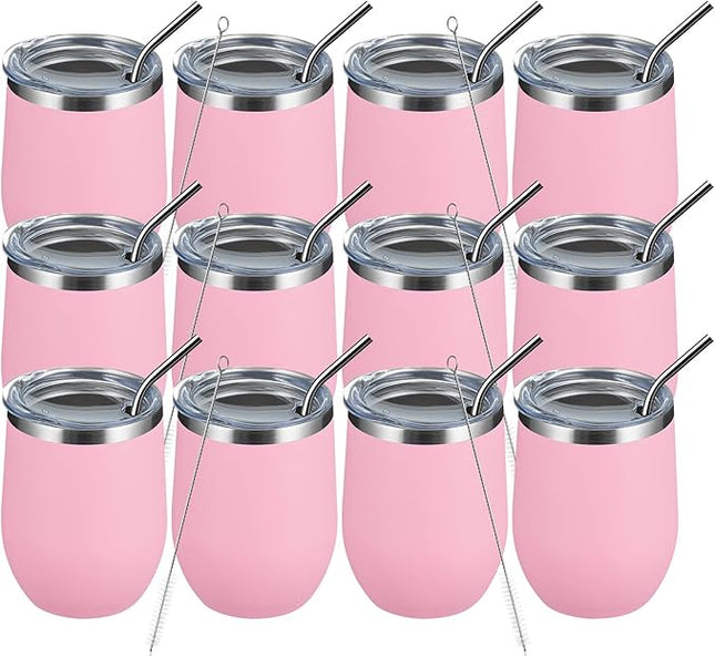 MEWAY 12oz/12 Pack Wine Tumbler Glasses with Lid -Double Wall Vacuum Stainless Steel Travel Tumbler Mug,Stemless Insulated Wine Cup for,Coffee,Cocktails,Gifts (Pink,Set of 12)