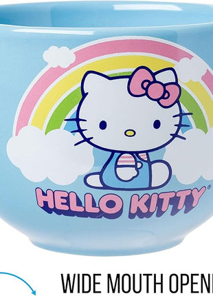 Silver Buffalo Hello Kitty Rainbow and Clouds Ceramic Ramen Noodle Rice Bowl with Chopsticks, Microwave Safe, 20 Ounces