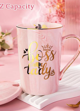 Biching Boss Lady Gifts for Women - Unique Birthday Gift for Women, Friend, Coworkers, Colleagues, Boss Female - Appreciation Mothers Day Gifts - 14Oz Marble Ceramic Coffee Mug Pink