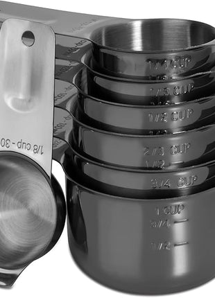 Set of 7 Heavy Duty Measuring Cups, 18/8 Stainless Steel with Ring Connector, Dark Grey