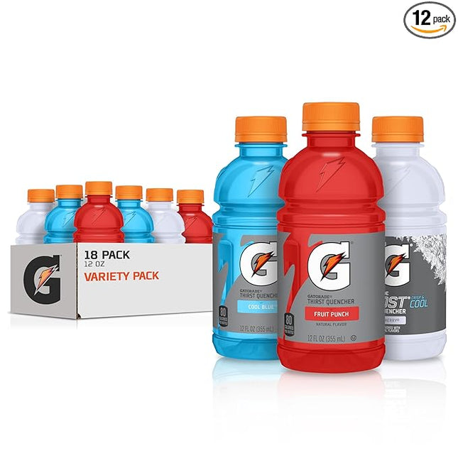 Gatorade Thirst Quencher, Fruit Punch, Glacier Cherry, Cool Blue Variety Pack, 12 Fl Oz (Pack of 18)