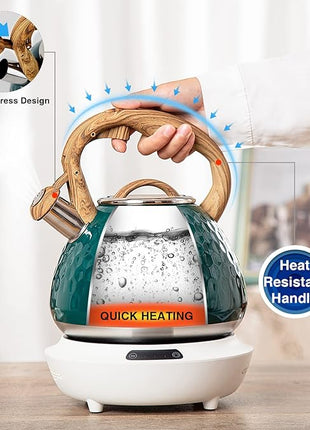 Tea Kettle, Toptier Teapot Whistling Kettle with Wood Pattern Handle Loud Whistle, Food Grade Stainless Steel Tea Pot for Stovetops Induction Diamond Design Water Kettle, 2.7-Quart Dark Green