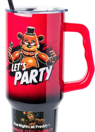 Silver Buffalo Five Nights At Freddy's “Let's Party” Stainless Steel Tumbler with Handle Featuring Freddy Fazbear, Fits in Standard Cup Holder, 40 Ounces