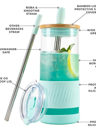 Pandaloo® Glass Cups With Lids and Straws -20 Fl Oz- Perfect Size Iced Coffee Cup - Smoothie Cup With Bamboo Lid and On the go Lid - Glass Tumbler With Straw (1 Count (Pack of 1), Carribean Blue)