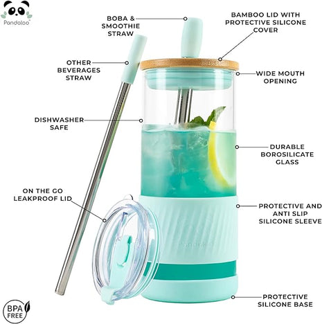 Pandaloo® Glass Cups With Lids and Straws -20 Fl Oz- Perfect Size Iced Coffee Cup - Smoothie Cup With Bamboo Lid and On the go Lid - Glass Tumbler With Straw (1 Count (Pack of 1), Carribean Blue)