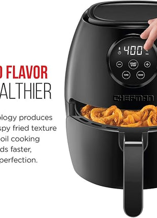 CHEFMAN Small Air Fryer Healthy Cooking, 3.6 Qt, User Friendly, Nonstick, Digital Touch Screen, Dishwasher Safe Basket, w/ 60 Minute Timer & Auto Shutoff, Matte Black, Cookbook Included