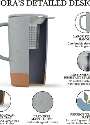 Mora Ceramics Large Tea Mug with Loose Leaf Infuser and Ceramic Lid, 18 oz, Portable, Microwave and Dishwasher Safe, Tall Coffee Cup - Rustic Matte Ceramic Glaze, Modern Herbal Tea Strainer, Sleet
