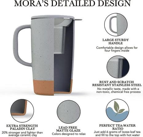 Mora Ceramics Large Tea Mug with Loose Leaf Infuser and Ceramic Lid, 18 oz, Portable, Microwave and Dishwasher Safe, Tall Coffee Cup - Rustic Matte Ceramic Glaze, Modern Herbal Tea Strainer, Sleet