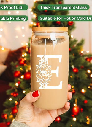Coolife Initial Glass Cup, Monogrammed Gifts for Women, 16 oz Glass Cups w/Lids Straws, Iced Coffee Smoothie Beer Tumbler w/Straw Lid - Personalized Christmas, Birthday Gifts for Her Mom Friend Woman