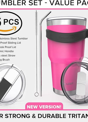 Stainless Steel Travel Mug with Handle 30 oz - 6 Piece Set. Tumbler with Handle, Straw, Cleaning Brush & 2 Lids. Double Wall Insulated Large Coffee Mug Bundle - Hot Pink Powder Coat Tumbler