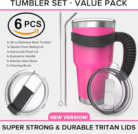 Stainless Steel Travel Mug with Handle 30 oz - 6 Piece Set. Tumbler with Handle, Straw, Cleaning Brush & 2 Lids. Double Wall Insulated Large Coffee Mug Bundle - Hot Pink Powder Coat Tumbler