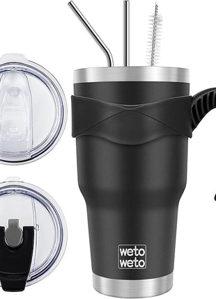 WETOWETO 30oz Insulated Tumbler With 2 Lids and 2 Straws, Stainless Steel Double Vacuum Coffee Tumbler Cup with Handle, Powder Coated Travel Mug for Home, Office, Travel, Party (Black, 1 Pack)