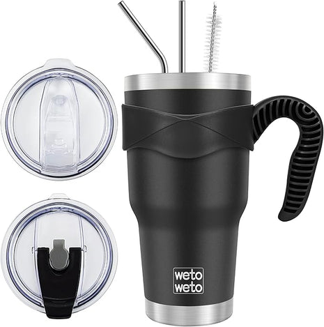 WETOWETO 30oz Insulated Tumbler With 2 Lids and 2 Straws, Stainless Steel Double Vacuum Coffee Tumbler Cup with Handle, Powder Coated Travel Mug for Home, Office, Travel, Party (Black, 1 Pack)