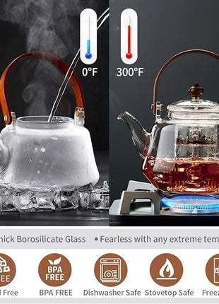 40oz Glass Teapot with Anti-Drip Spout, Peach Wood Handle and Lid, Heat-Resistant Borosilicate Glass, Dual Infusers for Steaming and Boiling