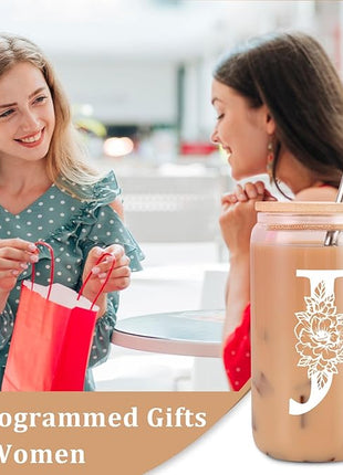 Coolife Initial Glass Cup, Monogrammed Gifts for Women, 16 oz Glass Cups w/Lids Straws, Iced Coffee Smoothie Beer Tumbler w/Straw Lid - Personalized Christmas, Birthday Gifts for Her Mom Friend Woman