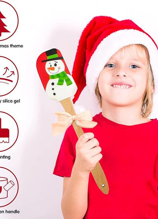 Silicone Spatula, Caliamary 3 Pieces Kitchen Silicone Spatula Set, Christmas Cake Decorating Spatula with Wooden Handle, Snowman Gingerbread Man and Santa Claus Pattern (Snowman)