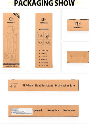 Pack of 4 Silicone Cooking Utensils Set, Non Stick Large Solid Spatulas, Heat Resistant Blue Slotted Spoons, Ideal BPA Free Kitchen Turners for Frying, Mixing,Serving,Draining,Turning,Stirring