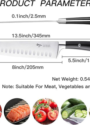 MAD SHARK Kitchen Knife, Chef's Santoku Knife 8-inch, German High Carbon Stainless Steel Chef Knife, Super Sharp Multipurpose Chopping Knife for Meat Vegetable Fruit with Ergonomic Handle & Gift Box