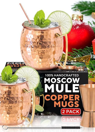 Benicci Moscow Mule Copper Mugs - Set of 2, 100% HANDCRAFTED - Food Safe Pure Copper Solid Mugs - 16 oz Gift Set with Premium Quality Cocktail Straws, Straw Cleaning Brush and Jigger!