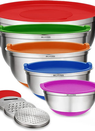 Belwares Mixing Bowls with Lids Set of 5 - Stainless Steel Nesting Bowls with Non-Slip Silicone Bottoms, Airtight Lids & 3 Grater Attachments Kitchen Baking Bowls for Food Prep & Storage (Colorful)