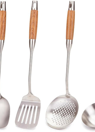 FJNATINH Wok Utensils - Wok Spatula Metal Set, 4-Pieces 14-15 Inch Extra Long, Wok Tools Professional Set, Wooden Handle Skimmer, Soup Ladle, Slotted Turner