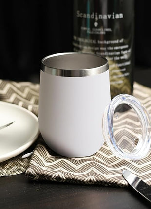 DOMICARE Stainless Steel Wine Tumbler Bulk with Lid, Personalized White Insulated Tumblers Set, 12oz Travel Coffee Cups Pack of 4