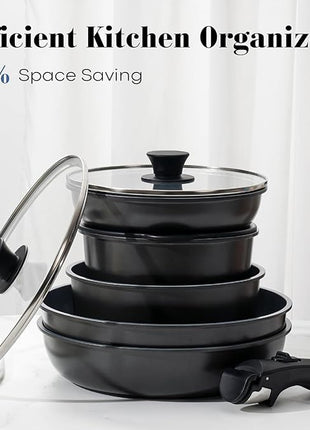 15 Pcs Pots and Pans Set Non Stick, Detachable Handle Ceramic Cookware Sets Nonstick, Non Toxic Induction RV Kitchen Cooking Set with Removable Handles, Dishwasher/Oven Safe, Easy Clean