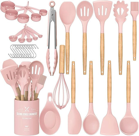 Umite Chef Silicone Kitchen Utensils Set, 33 Piece Non-Stick Kitchen Utensils with Stand, Wooden Handle, Pink