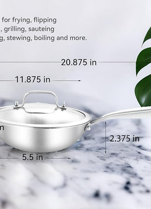LOLYKITCH 12 Inch Tri-Ply Stainless Steel Wok Pan with Lid,Induction Stir-Fry Pan,Dishwasher and Oven Safe,Heavy Duty and Detachable Handle