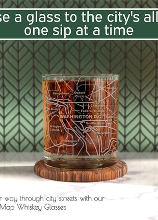 Greenline Goods Whiskey Glasses - 10 Oz Tumbler Gift Set for Washington, DC lovers, Etched with Washington, DC Map | Old Fashioned Rocks Glass - Set of 2
