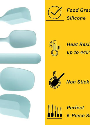Silicone Spatula Set, 5 Piece Food Grade Rubber Spatulas for Baking, Cooking, and Mixing High Heat Resistant Non Stick Dishwasher Safe BPA-Free (Macaron blue)