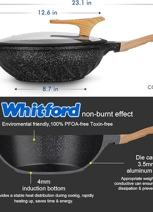 COOKLOVER Nonstick Woks And Stir Fry Pans Die-cast Aluminum Scratch Resistant 100% PFOA Free Induction Wok pan with Lid 12.6 Inch - Black