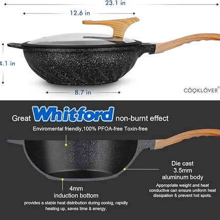 COOKLOVER Nonstick Woks And Stir Fry Pans Die-cast Aluminum Scratch Resistant 100% PFOA Free Induction Wok pan with Lid 12.6 Inch - Black