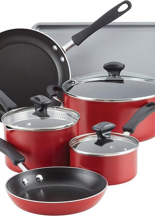 Farberware Cookstart DiamondMax Nonstick Cookware/Pots and Pans Set, Dishwasher Safe, Includes Baking Pan and Cooking Tools, 15 Piece - Red