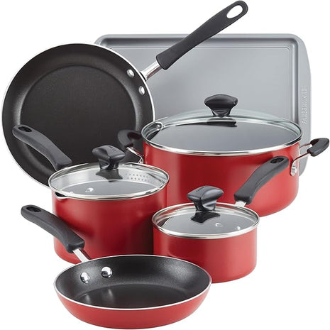 Farberware Cookstart DiamondMax Nonstick Cookware/Pots and Pans Set, Dishwasher Safe, Includes Baking Pan and Cooking Tools, 15 Piece - Red