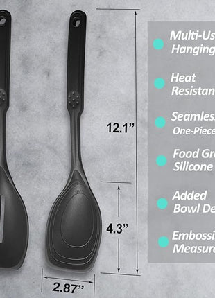 2 Pack Large Silicone Cooking Spoon, Non-Stick Slotted and Solid Spoon set with Deep Bolw and Measurement Mark for Mixing, Serving, Draining, Scooping, Scraping, Heat Resistant Kitchen Utensils, Black