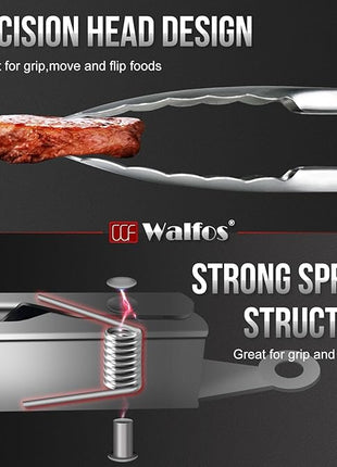 Walfos tongs for cooking, All Metal Kitchen Tongs 600℉ Heat Resistant, Heavy Duty Locking Tongs 2-piece 12 Inch