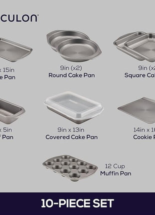 Circulon Total Nonstick Bakeware Set with Nonstick Bread Pan, Cookie Sheet, Baking Pan, Baking Sheet, Cake Pan and Muffin/Cupcake Pan - 10 Piece, Gray