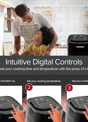 Nuwave Brio 6-Quart Healthy Digital Smart Air Fryer with Probe One-Touch Digital Controls, Advanced Cooking Functions, Removable Divider Insert & Grill Pan (NEW ACCESSORY),Black