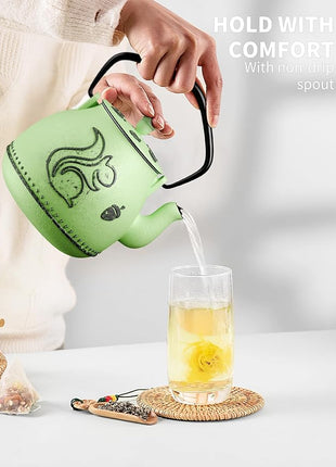 Toptier Teapot with Removable Infuser, Cast Iron Tea Kettle Stovetop Safe, Squirrel Design Tea Pot Coated with Enameled Interior for 32 Ounce (950 ml), Bright Green