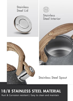 POLIVIAR Tea Kettle, 2.7 Quart Natural Stone Finish with Wood Pattern Handle Loud Whistle Food Grade Stainless Steel Teapot, Anti-Hot Handle and Anti-Rust, Suitable for All Heat Sources (JX2018-GR20)