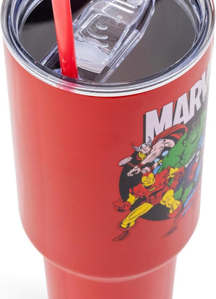 Silver Buffalo Marvel Avengers Stainless Steel Tumbler with Handle and Straw Featuring Captain America, Thor, Hulk, Iron Man, Black Widow, and Spiderman, Fits in Standard Cup Holder, 40 Ounces