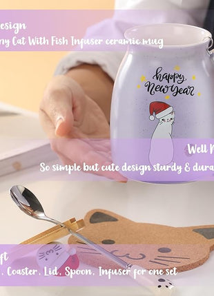 BigNoseDeer Christmas Mugs Kawaii Cat Mug Tea Cup with Infuser Cute Mugs Ceramic Coffee Mug with Lid, Spoon,Coaster Kitty Tea Mug Christmas Gifts Cat Lovers Gifts (Purple 13oz)