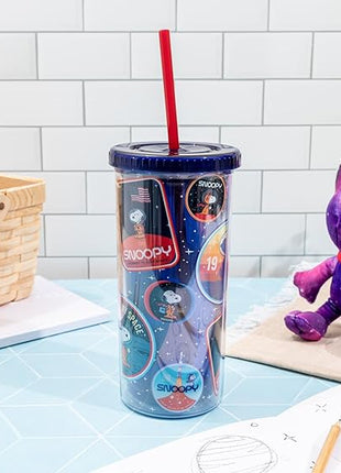Silver Buffalo Peanuts Space Traveling Patches Featuing Snoopy Plastic Tall Cold Cup with Lid and Straw, 20 Ounces