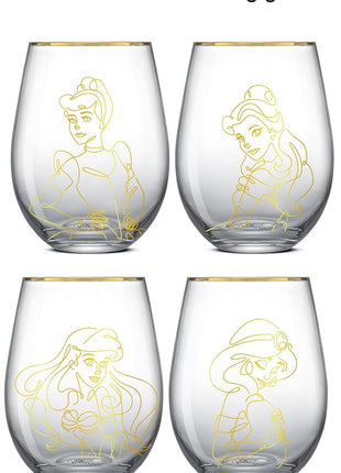 JoyJolt Disney Princess Sketch Stemless Drinking Glasses, 19oz Glass Cups ft Princess Jasmine Ariel Belle Cinderella, Disney Princess Kitchen Glassware Set of 4, Disney Gifts for Adults