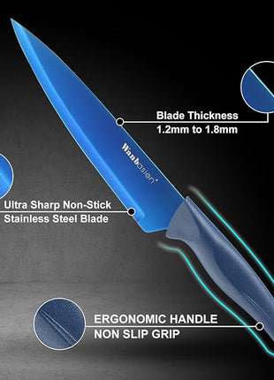 Wanbasion Blue Stainless Steel Knife Set, Sharp Kitchen Knife Set Professional, Kitchen Knife Set Dishwasher Safe with Covers for Cooking
