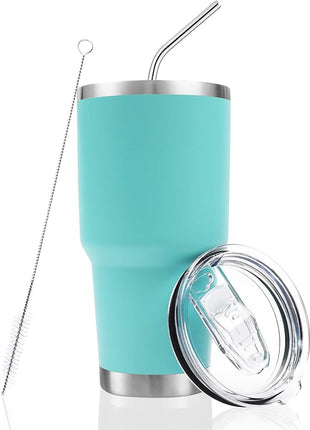 Toopify 30 oz Stainless Steel Insulated Tumbler Travel Mug with Straw Slider Lid, Cleaning Brush, Double Wall Vacuum (30 Mint)