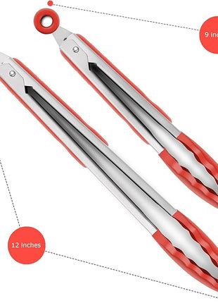Set of 2 Kitchen Tongs 9-Inch & 12-Inch, Premium Stainless Steel BPA Free Silicone Non-Stick Grilling Barbeque Cooking Locking Food Tongs, Red