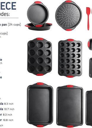 Baking Pan Set, 15 Piece Premium Nonstick Bakeware Sets BPA Free, Cookie Sheets Nonstick Steel Baking Sheets for Oven with Muffin Pan, Cake Pan & Kitchen Utensils - Black